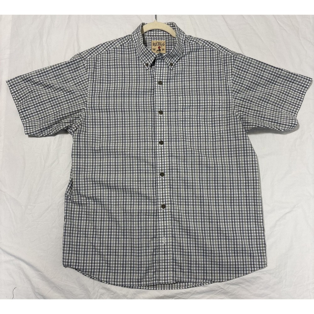RedHead Mens Wrinkle Free Button Down Shirt White Green Short Sleeve Plaid L
